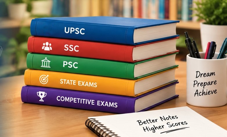 A stack of UPSC, SSC, PSC and state exam notes on a study desk